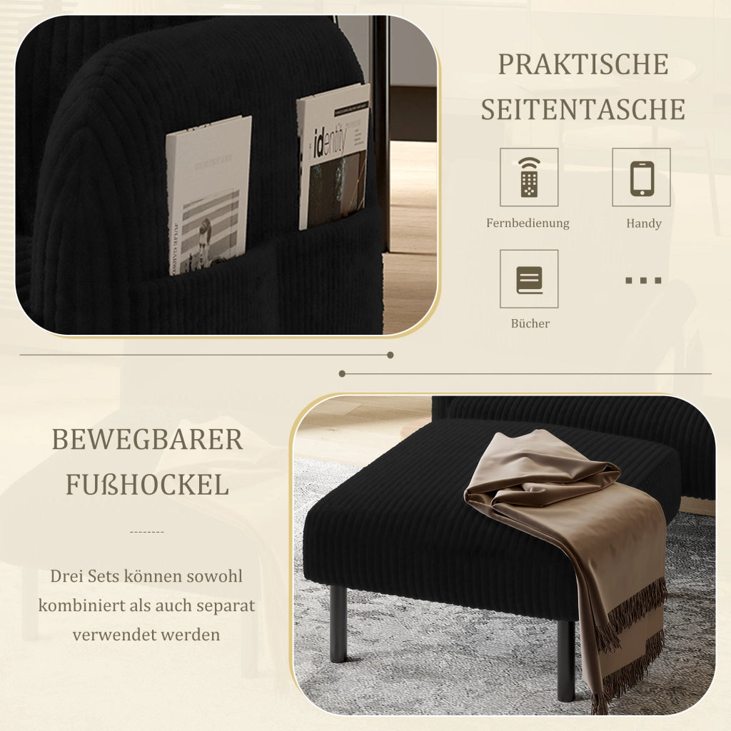 DIVANO 2 POSTI 120 x 75 x 79 cm in velluto a coste Nero
