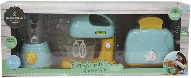 MAISONELLE - MINI ELETTRODOMESTICI DA CUCINA COMBO PACK
MINI ELETTRODOMESTICI CON FUNZIONI:   IMPASTATRICE 18 X 11.5 X 19 CM 
FRULLATORE  12.5 X 11 X 20.5 CM
TOSTAPANE 19 X 9 X 13 CM