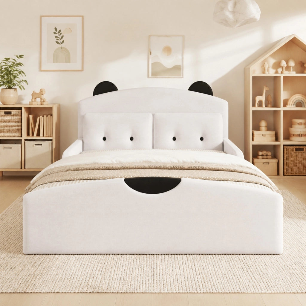Letto per bambini 140 × 200 cm con testiera a orsetto imbottita, 2 cuscini decorativi, senza materasso, bianco