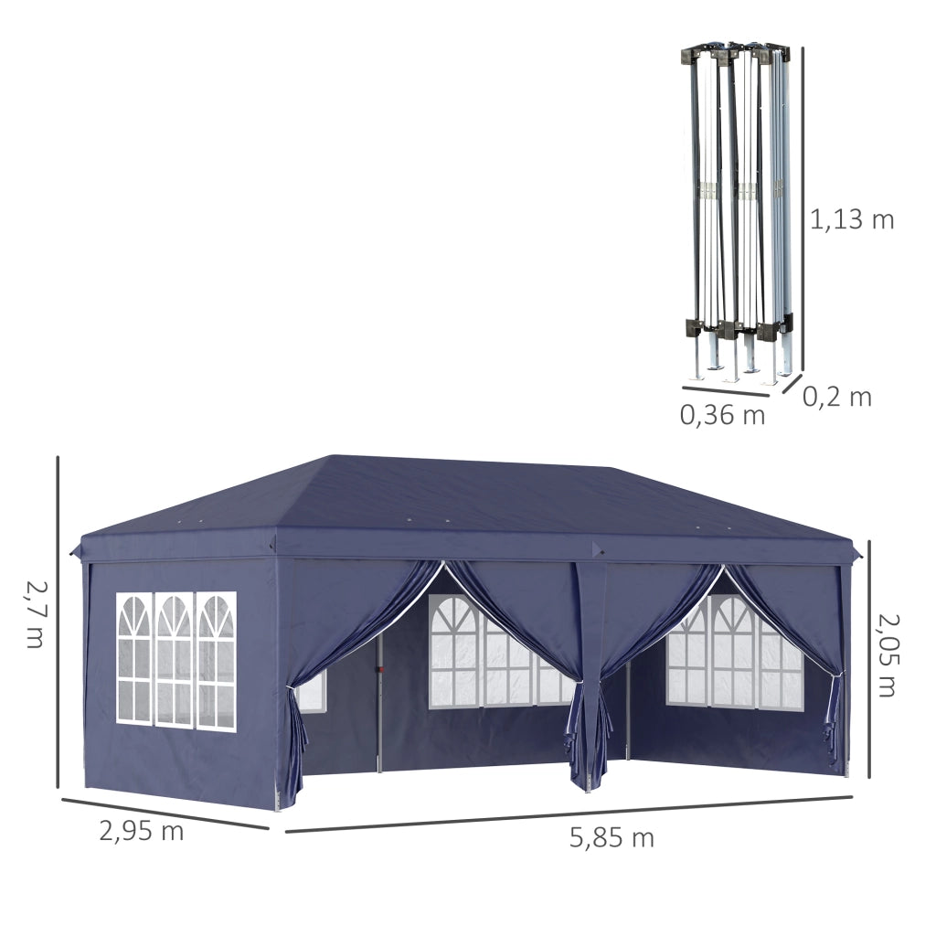 Gazebo 5.85x2.95m con protezione UV pareti laterali e finestre porte a cerniera solida acciaio robusto blu per giardini ed eventi