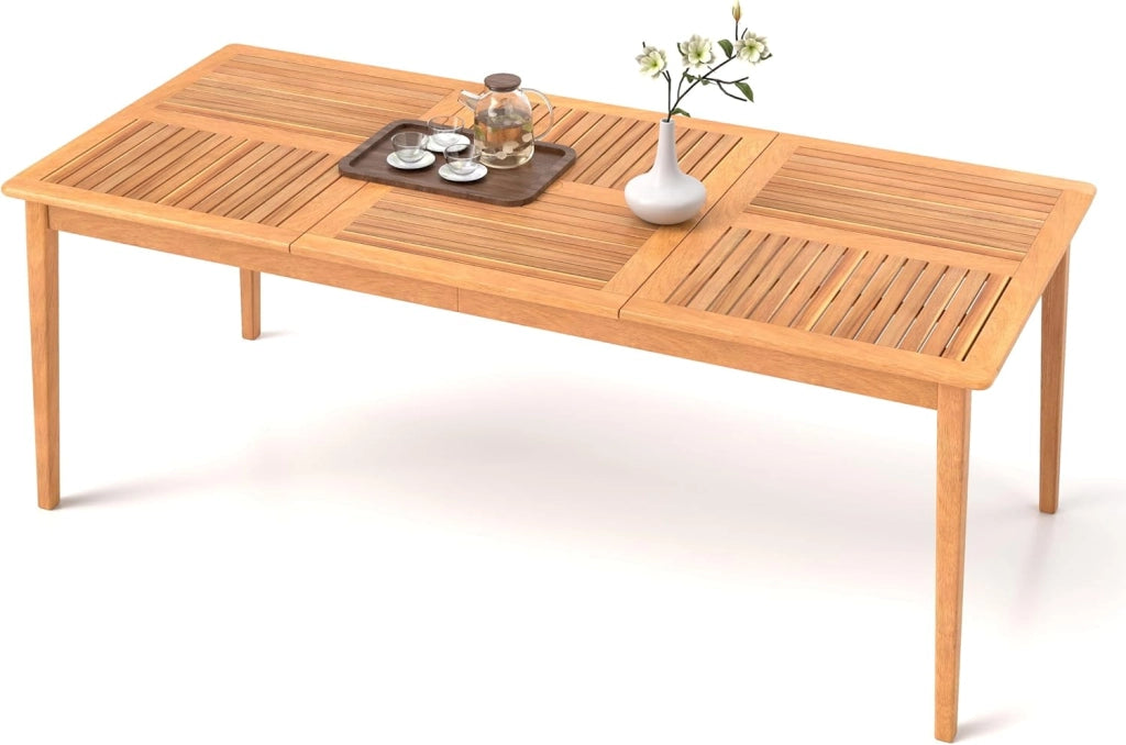 Tavolo da pranzo per 8 persone, tavolo da giardino in legno di acacia con foro di 5 cm, per cortile, veranda e giardino, resistente alle intemperie (200 x 90 cm)