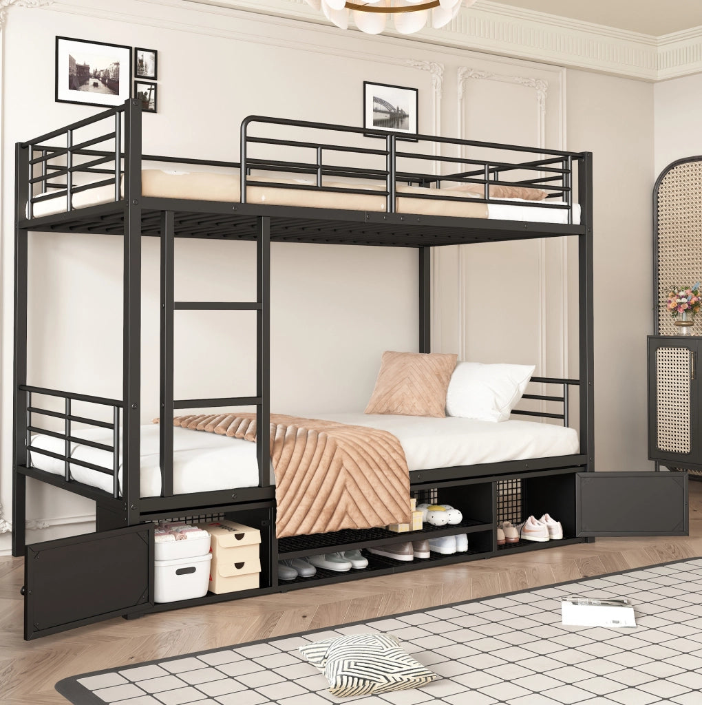 Letto a castello in metallo 90x200 cm con scala; ripiano per scarpe e 2 armadietti nero