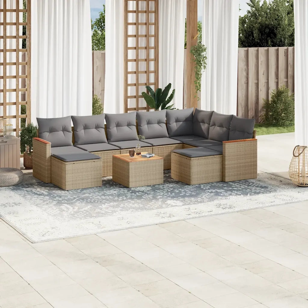 Set Divano da Giardino 10 pz con Cuscini Beige in Polyrattan