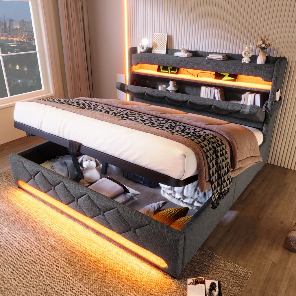 Letti contenitori 180x200 cm con LED e testiera con USB; lino grigio (Senza materasso)