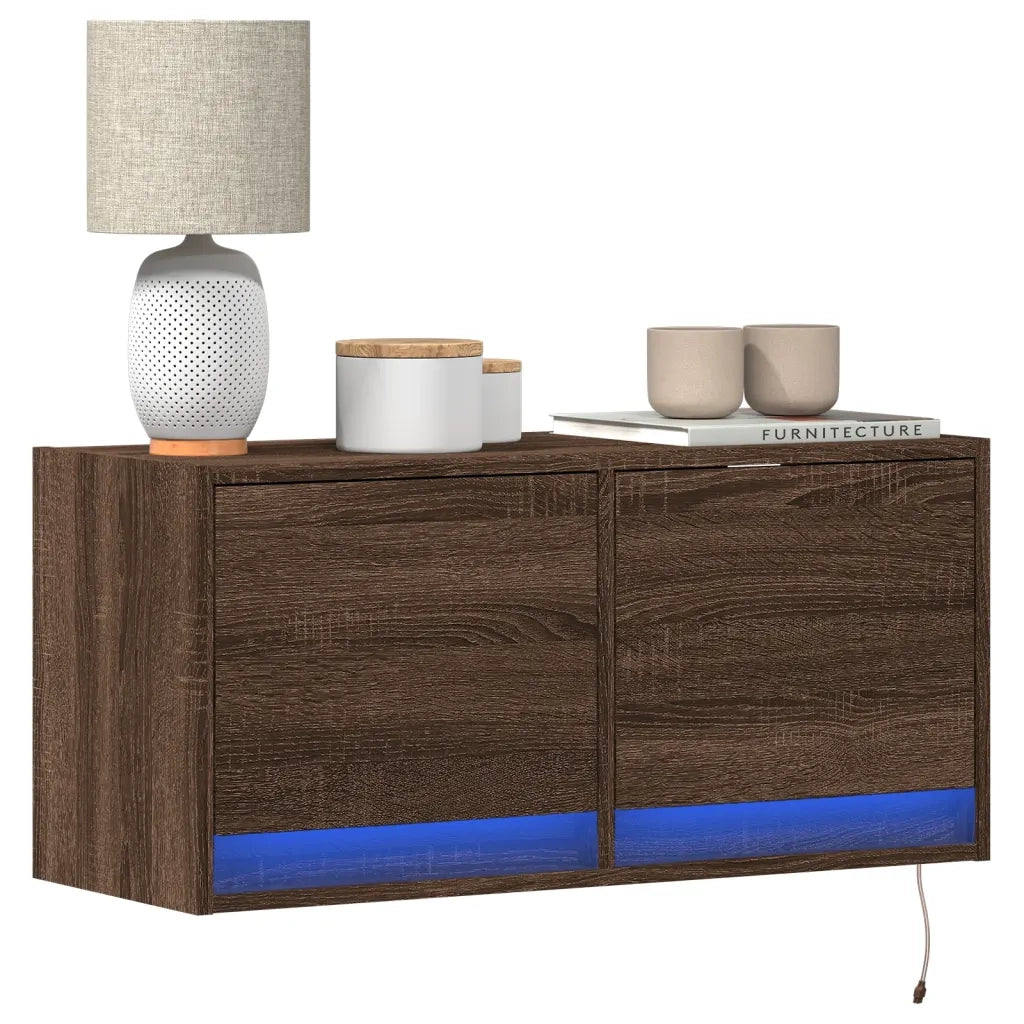 Mobile TV a Parete con Luci LED Rovere Marrone 80x31x35 cm 852361