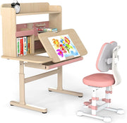 Scrivania per Bambini 3+ Anni, Tavolo Regolabile in Altezza con Libreria e Cassetto, Piano Inclinabile, Mensole, Leggio e Portapenne, per Studio e Cameretta (Rosa)