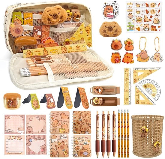 Set di scrittura 72 pezzi, custodia Capybara con contenitore, tesa di pennarelli, custodia, quaderni e utensili per la scrittura - set di regalo per scuola, ufficio e arte per bambini e bambine