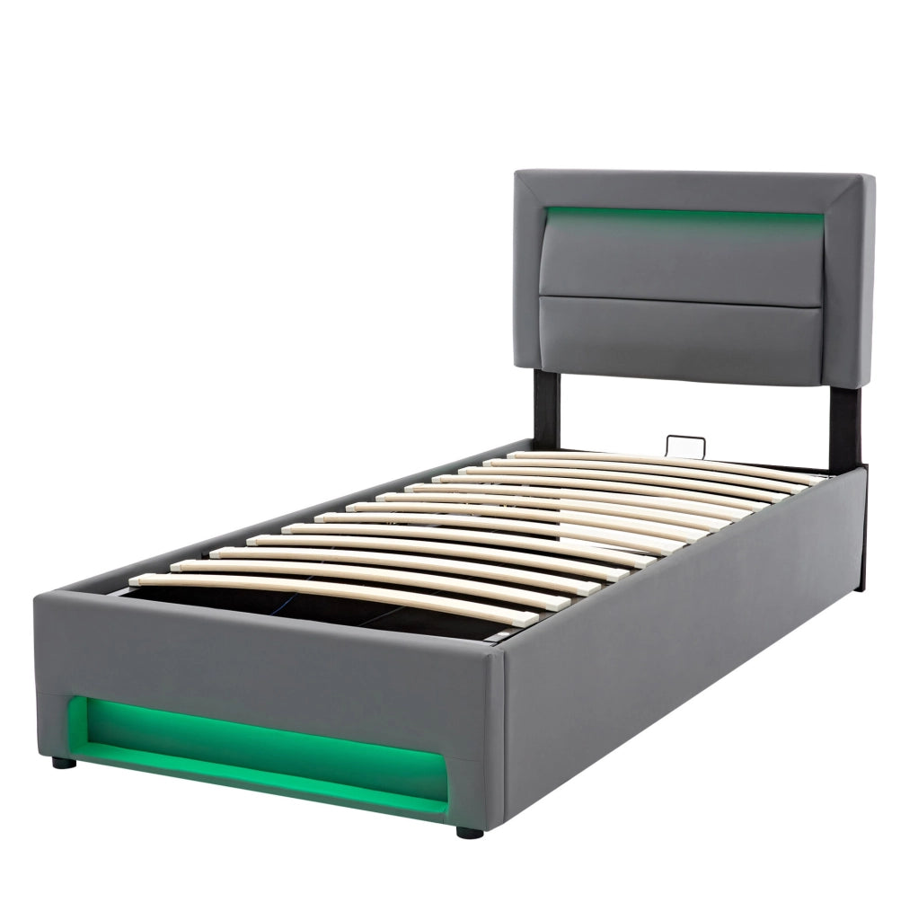 Letto imbottito 90x190 cm; USB e LED; con spazio contenitore; PU grigio (Senza materasso)