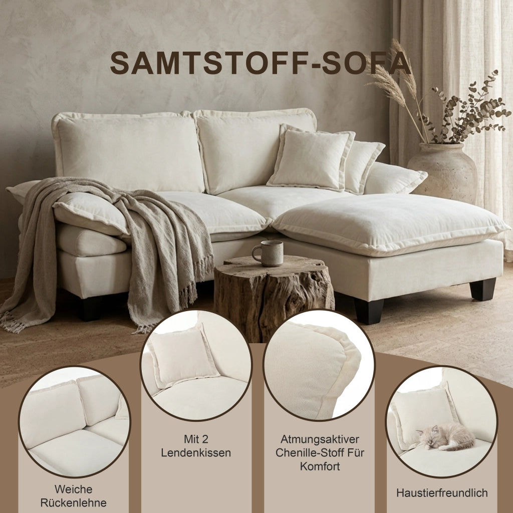 Scaffale modulare con seduta a U e 2 pouf mobili in chenille beige 263 × 151 × 90 cm