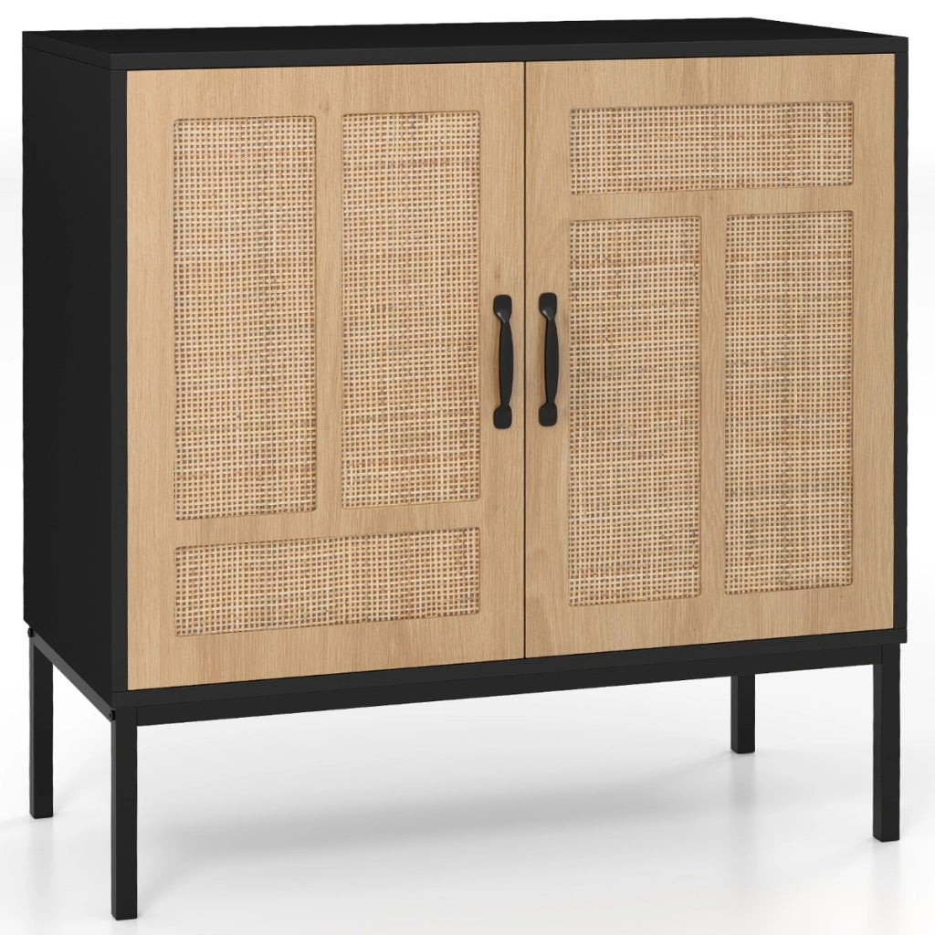 Armadietto boho con motivo asimmetrico con ripiano regolabile a 3 posizioni, Armadio portaoggetti in rattan per cucina Nero-Credenze buffet