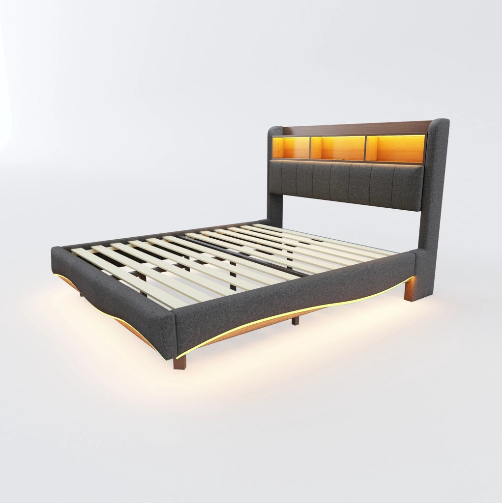 Letto imbottito sospeso 160x200 con LED, USB e porta Type-C, grigio