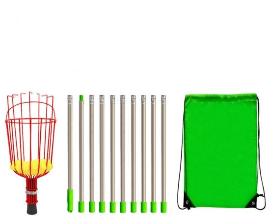 Fruitpluchitore con asta telescopica - Fruitpluchitore da 4 m - Assemblaggio in 10 parti - Attrezzo per la raccolta di frutta a pomo - Con asta leggera e regolabile e tasca di stoccaggio per frutta - Per la raccolta di pere, arance e limoni