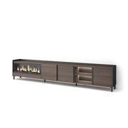 Mobile TV Soggiorno, 315x61x35 cm, Per TV fino a 80", Camino elettrico XXL, Design industriale, LED, Rovere scuro e Nero