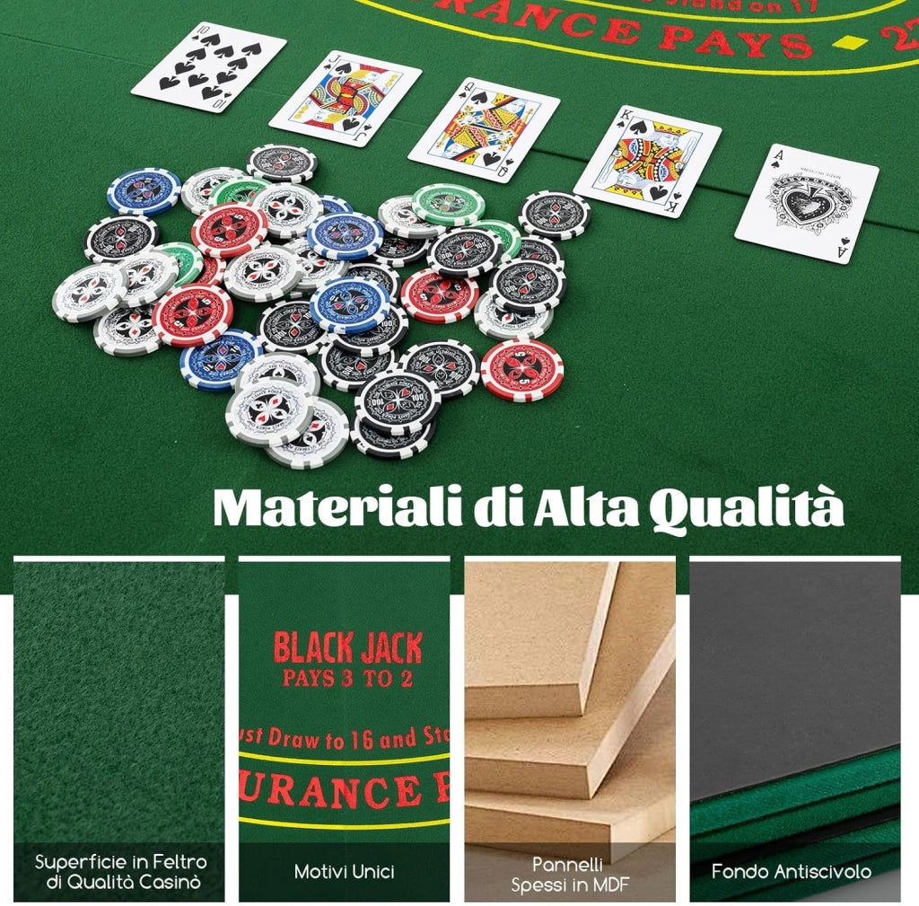 Tappetino da Poker Pieghevole 120 cm, Portatile con Borsa Portabicchieri e Vassoi per Fiches, Tappeto da Poker Antiscivolo, Verde