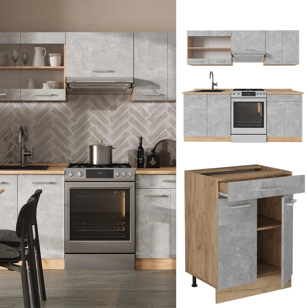 Cucina componibile R-Line Calcestruzzo/Rovere dorato 200 cm, PL Marmo Vicco