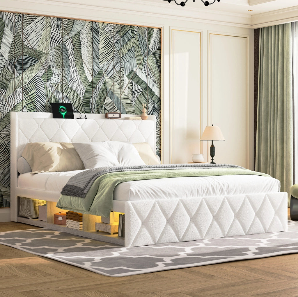 Letto imbottito 140x200 cm con LED; prese USB e ripiano in teddy bianco
