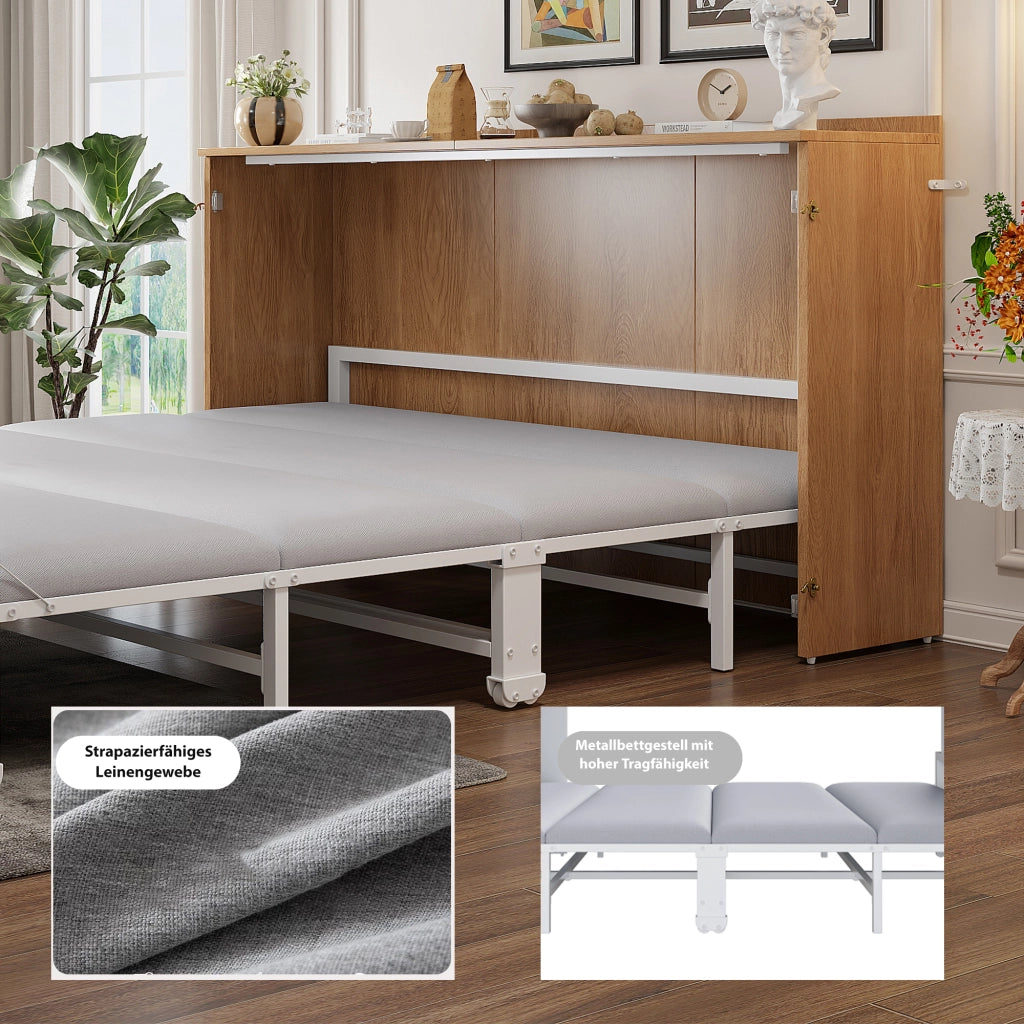Letto a scomparsa 140 × 200 cm con materasso in lino, struttura in metallo e ruote silenziose, colore legno
