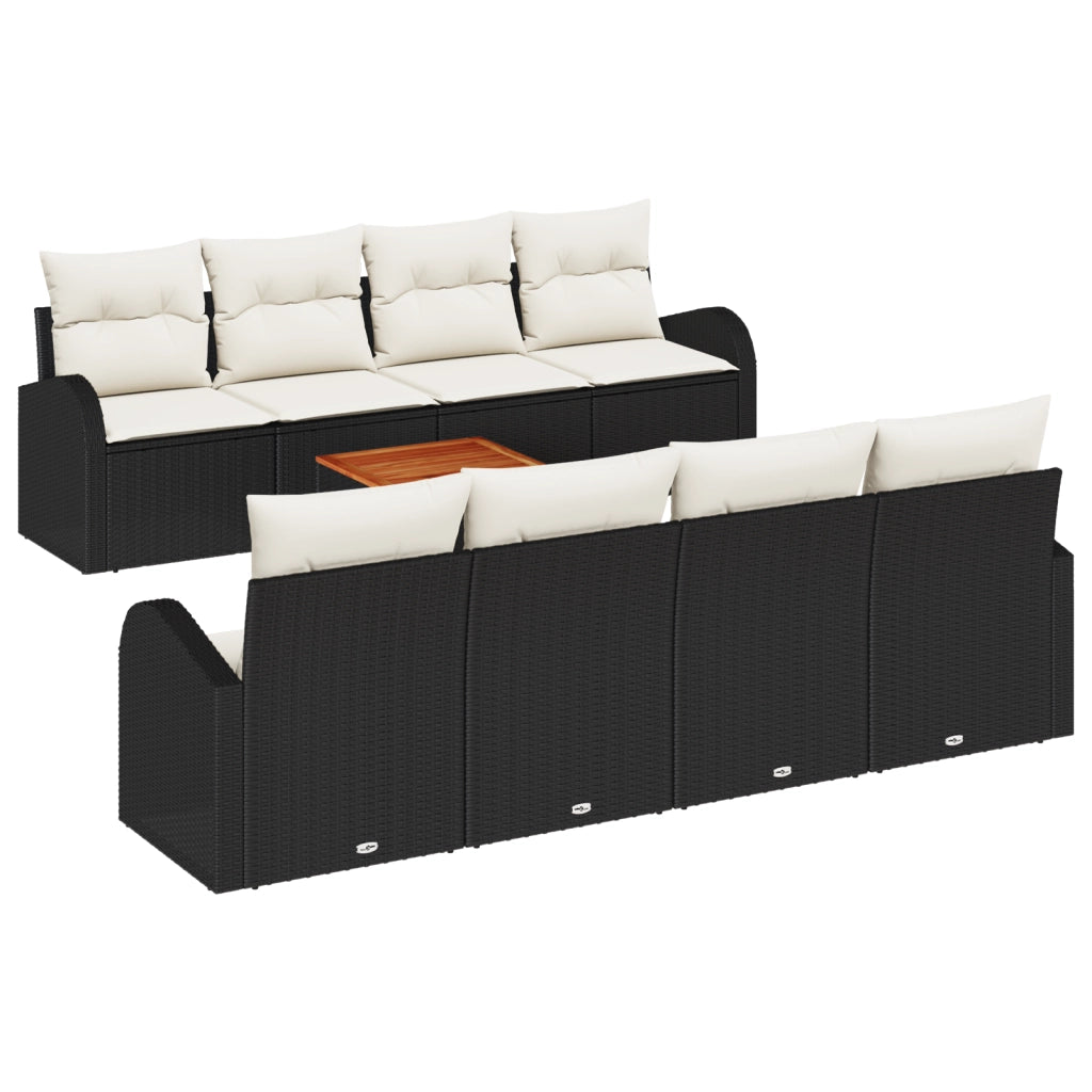 Set Divano da Giardino a 9 Pezzi con Cuscini Nero Rattan Polimerico Acacia