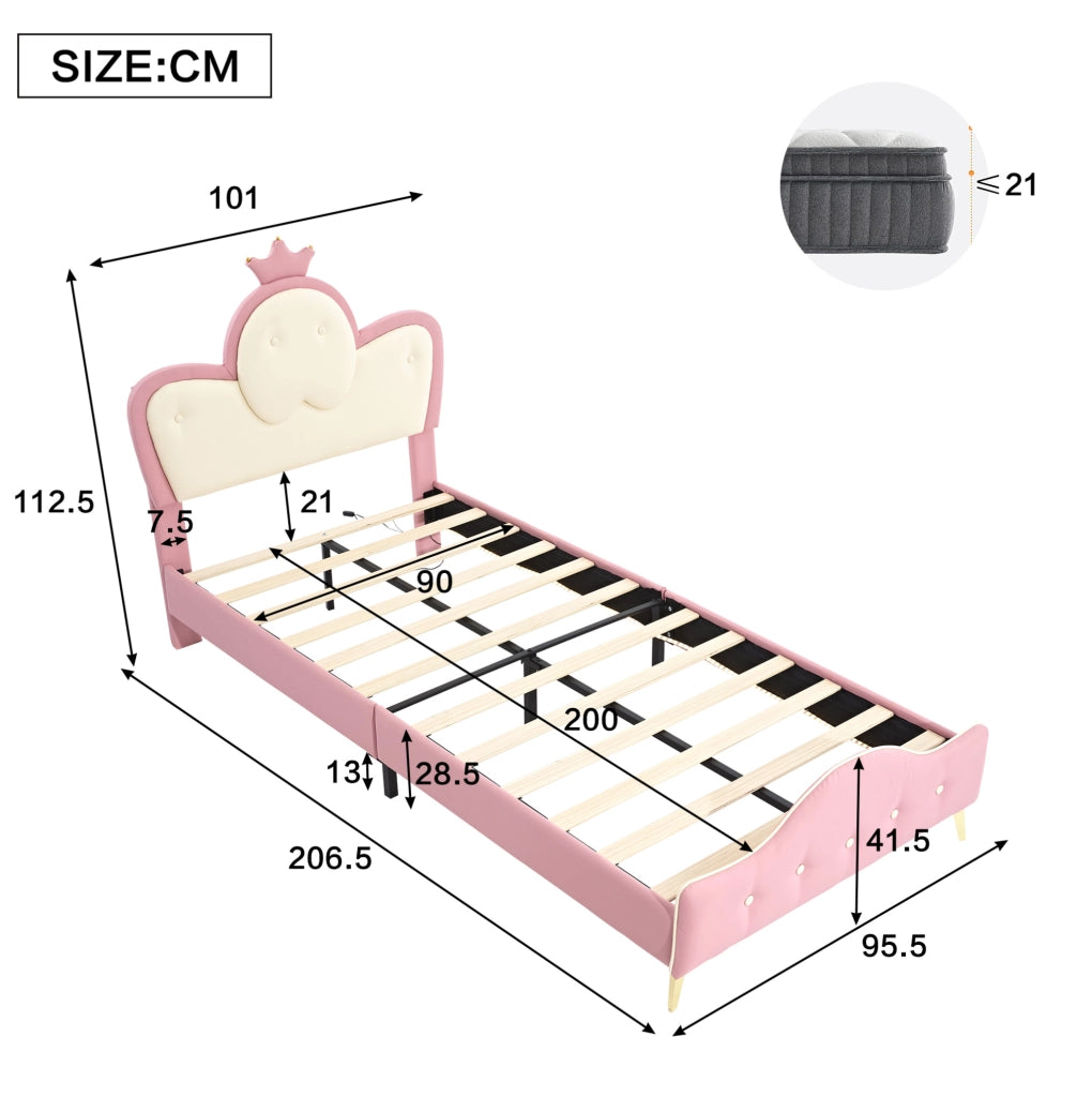 Letto imbottito per bambini con LED e testiera a corona 90x200 cm