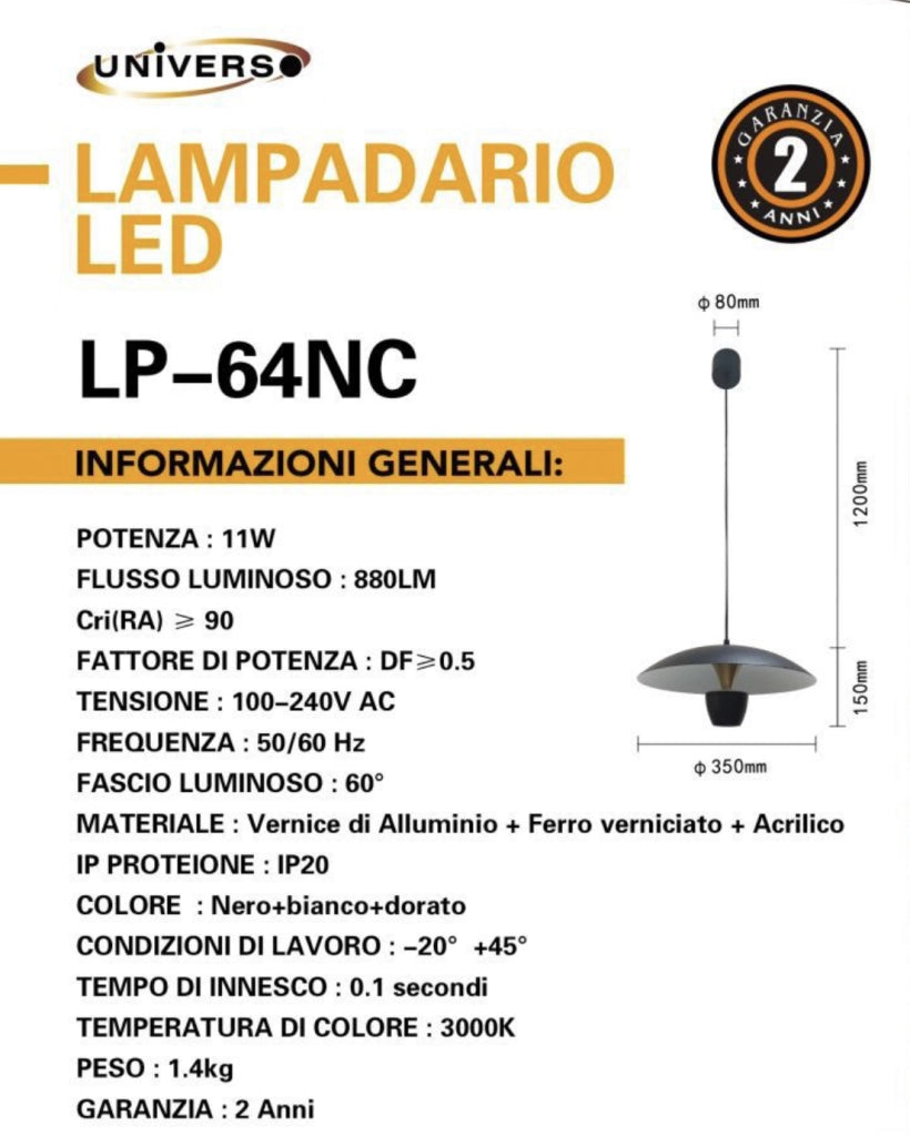 Lampadario a sospensione moderno in ferro nero da soffitto con lampada luce calda a led integrato 11 watt