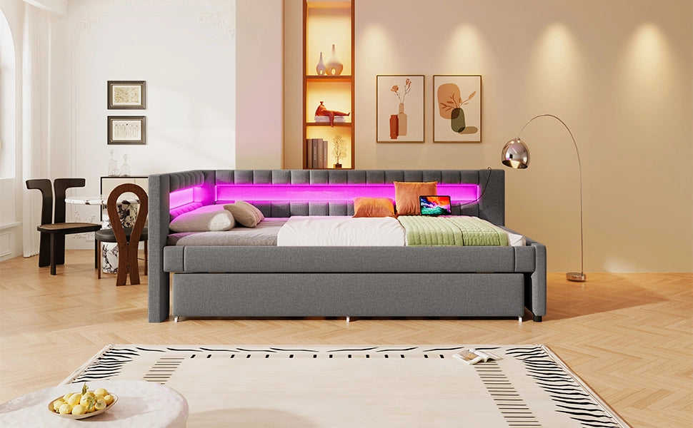 Letto singolo estraibile 90 × 200 cm con LED USB e Type-C in lino e MDF grigio per soggiorno camera e studio
