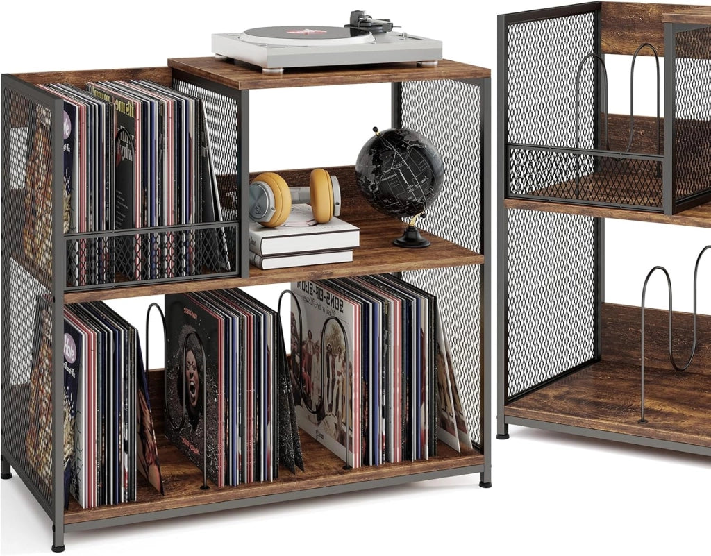 Supporto per Giradischi in Vinile Fino a 300 Album, Espositore per Dischi a 3 Ripiani con 3 Divisori Rimovibili, Mobile Giradischi in Legno e Metallo per Soggiorno, Camera da Letto (Marrone)