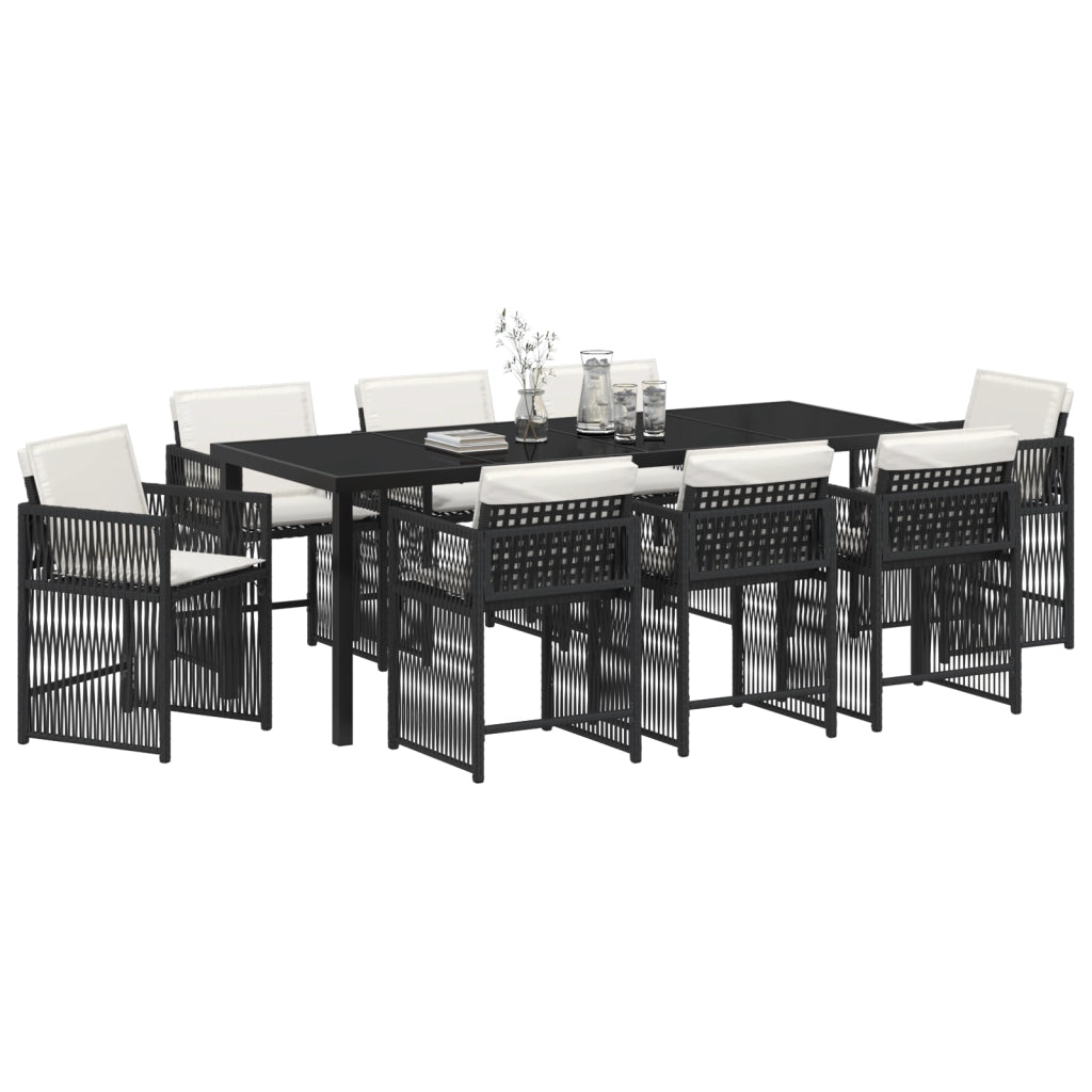 Set da pranzo da giardino di 9 pezzi con cuscini in polyrattan nero