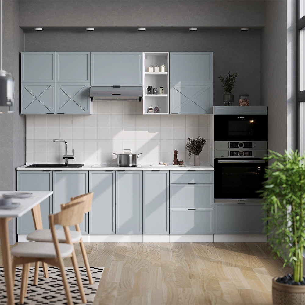 Cucina componibile Fame-Line Blu-grigio chiaro/Bianco 280 cm, PL Antracite Vicco