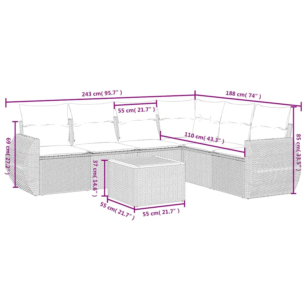 Set Divani da Giardino 7 pz con Cuscini Grigio in Polyrattan 3225025