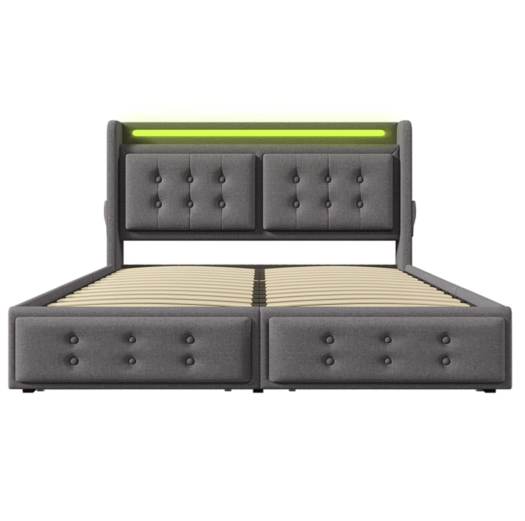 Letto matrimoniale 160x200 cm con contenitore; LED; porte USB e Type-C; 4 cassetti; grigio