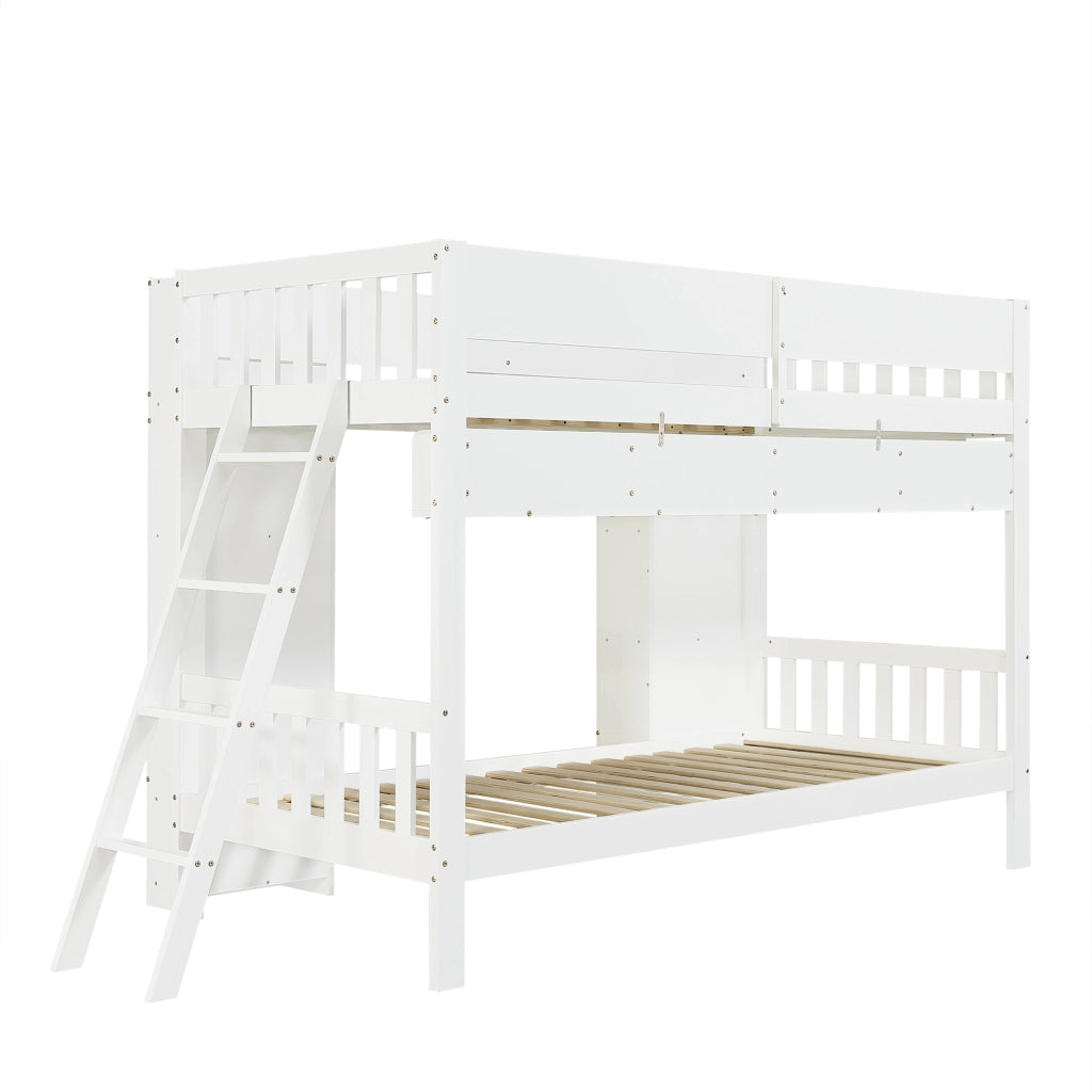 Letto a Castello 90x200 cm; 2 Posti - Contenitore; Ripiani; Scala reversibile - Bianco