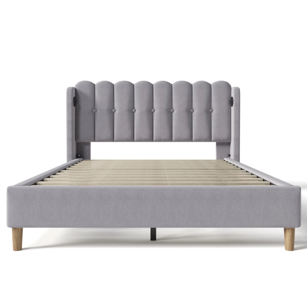 DESMIU Letto Matrimoniale 160 × 200 cm con USB, porta USB-C e testiera imbottita, senza materasso, lino grigio