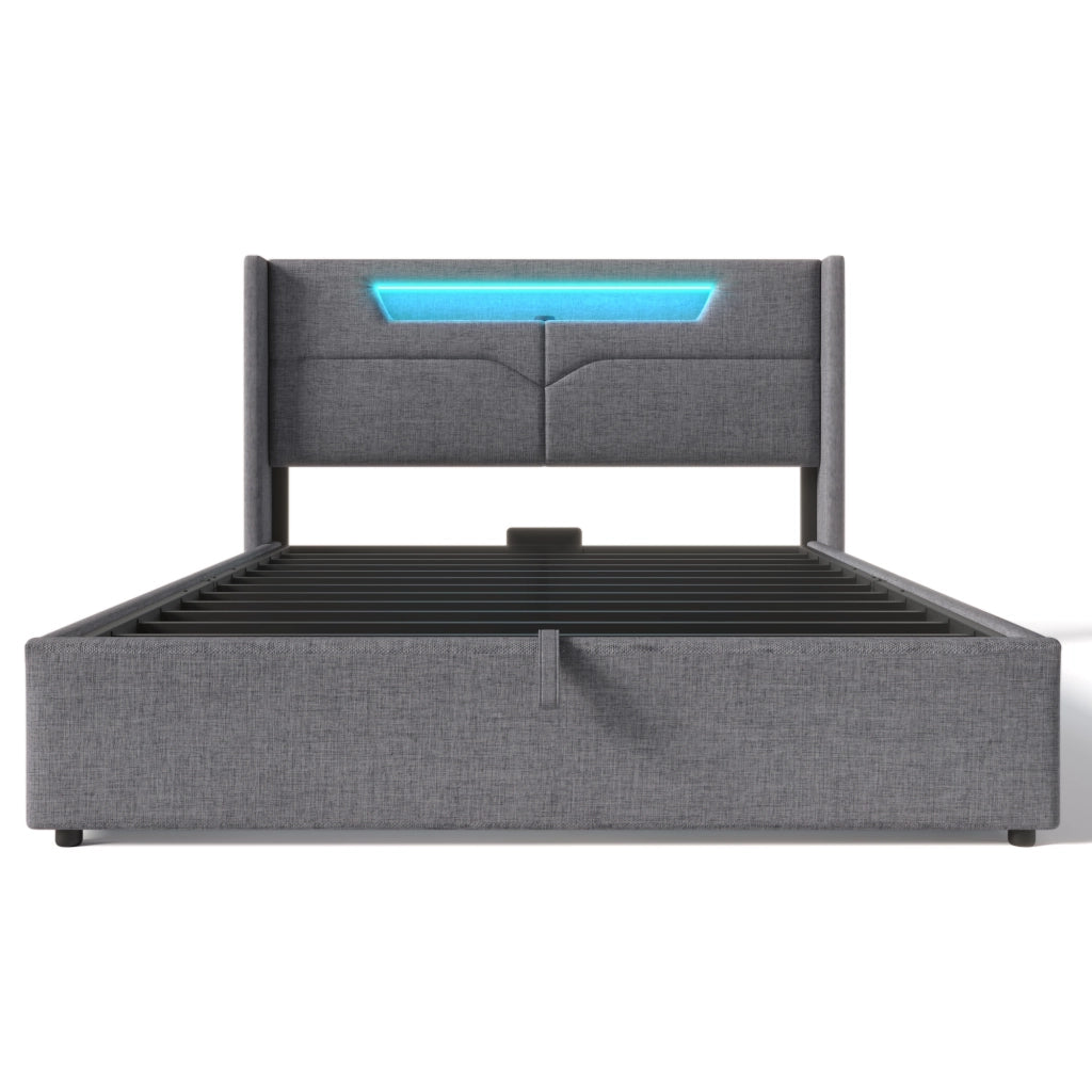 Letti contenitori 140x200 cm con LED e contenitore; lino grigio (Senza materasso)