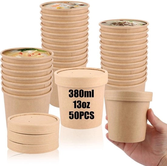 Bicchieri di Carta 380 ml - 50 Pezzi - Bicchieri di Carta per Zuppa - Bicchieri per Mangiare - Istantaneo - Resistenti al Microonde - Con Coperchio