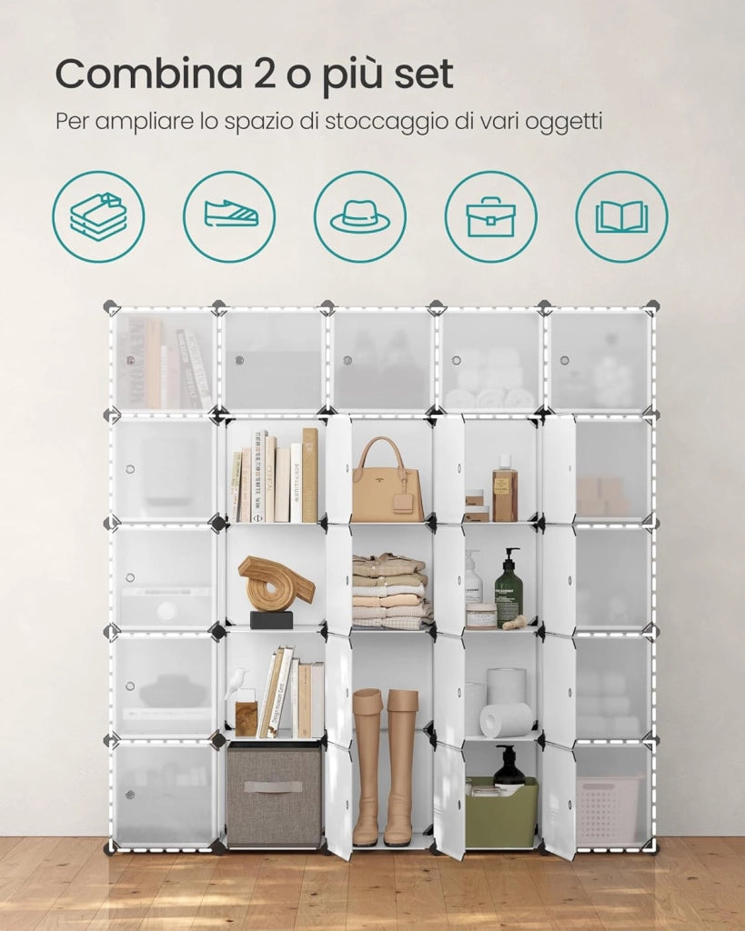 SONGMICS Armadio a 16 Cubi, Portaoggetti Organizzatore, Armadietto Mobiletto con Ante, per Abiti Scarpe Libri, Facile da Assemblare, Bianco LPC44BS