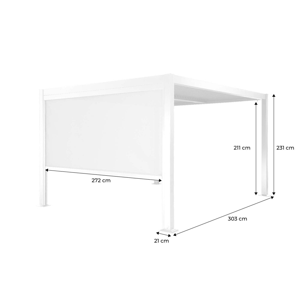 Pergola bioclimatica 3x3m in alluminio e acciaio + tenda 3m, bianco