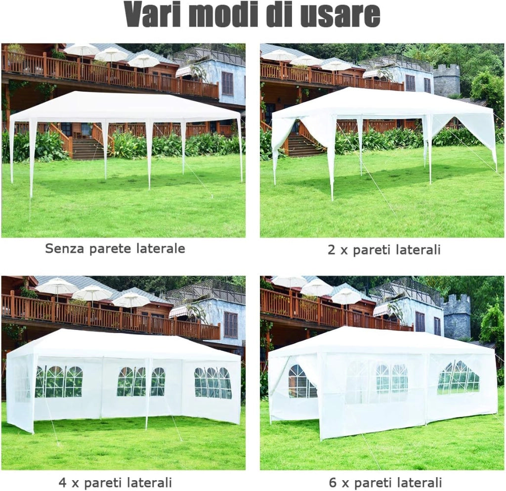 Gazebo da Giardino 3 x 6 m, Tendone per Feste con 4 Tende Laterali Rimovibili e 2 Porte con Cerniera, Con Borsa di Trasporto, Impermeabile Protezione UV