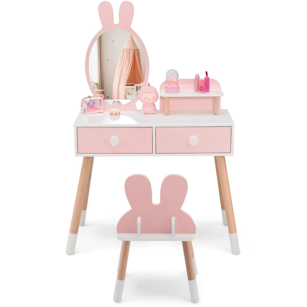 Toeletta con specchio a forma di coniglio per bambini, Set tavolo e sedia toeletta con cassetti e sgabello Rosa-Toelette per bimbi