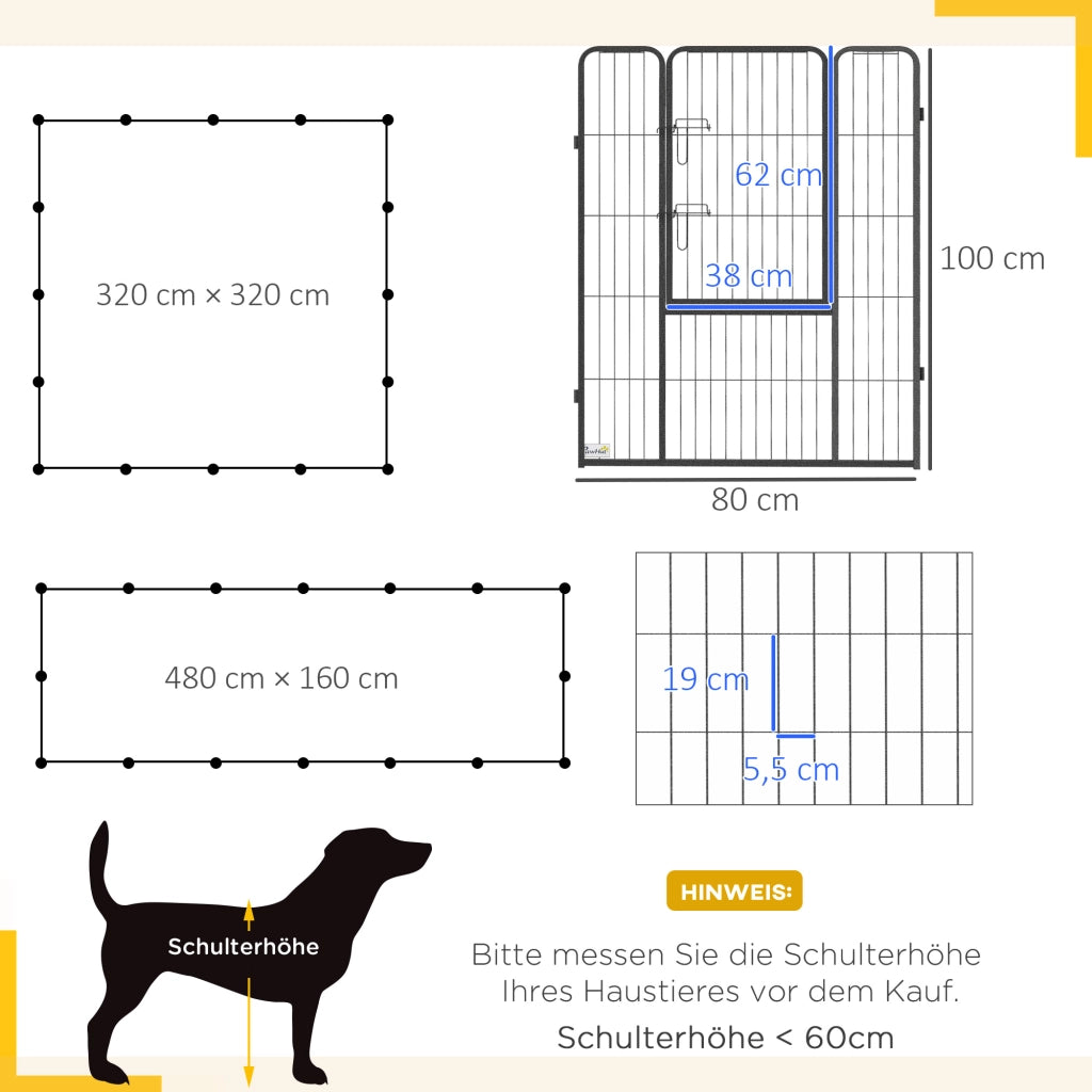 Recinto per cani modulare ¨C zephmum ¨C 16 pezzi, 2 porte, 3.2x3.2x1 m, grigio