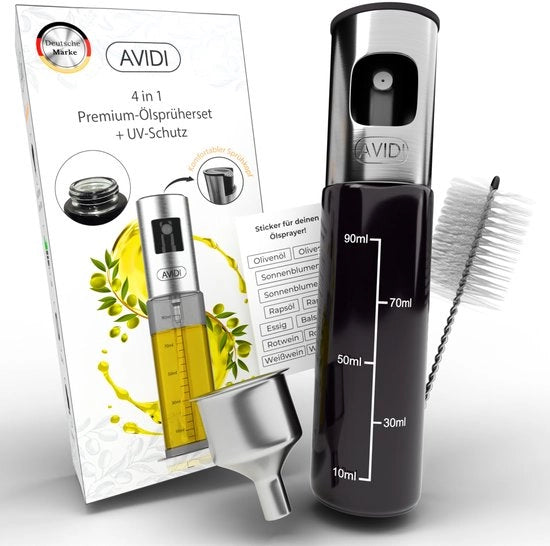 Set 4-in-1 Premium – Pulitore per olio con protezione UV e accessori – Pulitore per airfryer, pulitore per frittura ad aria, pulitore di vetro, nero e acciaio inox – 100 ml