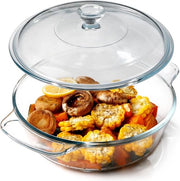 Piatto da cottura in vetro a forma rotonda da 1,7 litri con coperchio (coperchio NON resistente al forno), piatto da cottura in vetro con maniglia facile da afferrare e coperchio con maniglie
