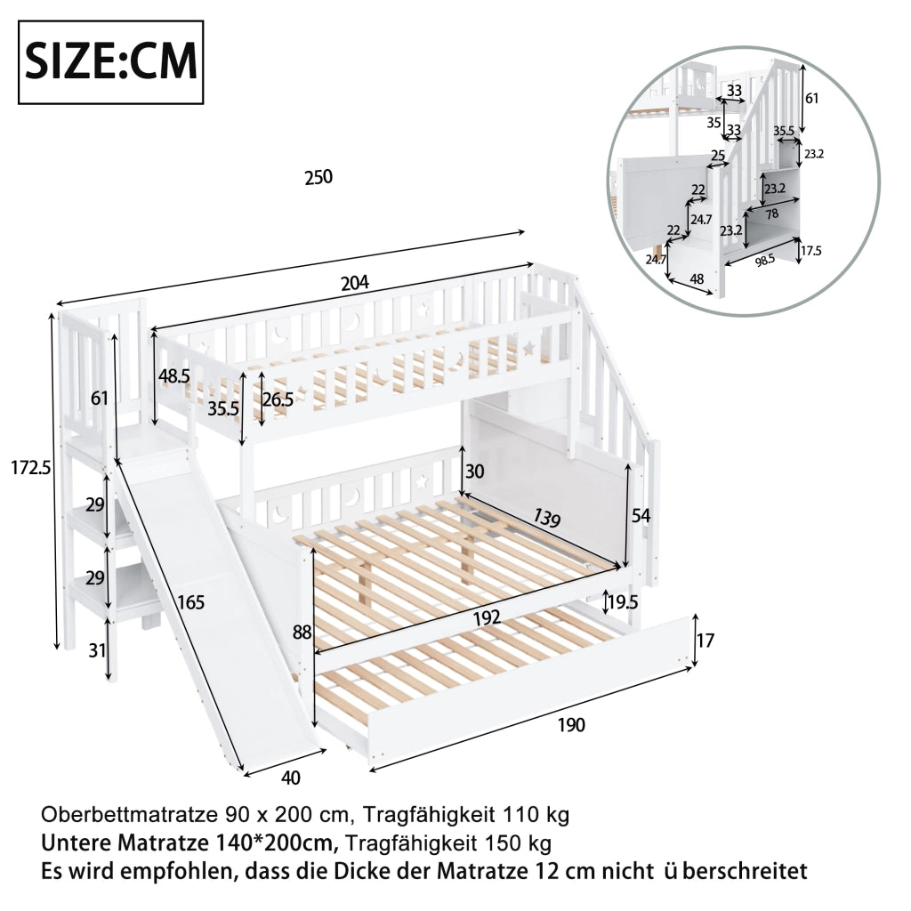 Letto a Castello 90x200 cm e 140x200 cm con Scivolo; Scala; Ripiani e Letto Estraibile