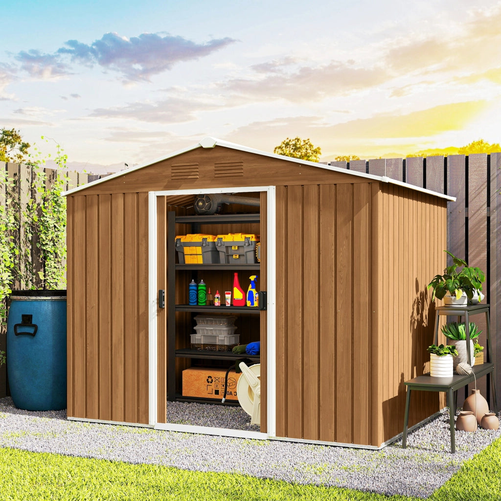 Casetta da Giardino in Lamiera di Acciaio con Porte Scorrevoli, 236x174x190cm, Marrone