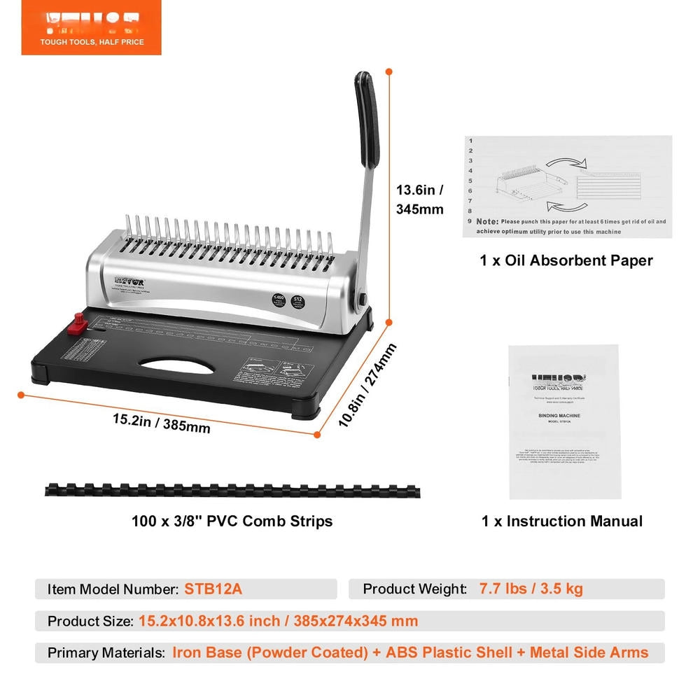 Binding Machine, Comb Binding Machine, 21-hole Binding, 450 Sheets, Bookbinding Machine With 100 3/8 Inch Comb Binding Spines, For Letter Size, A4, A5