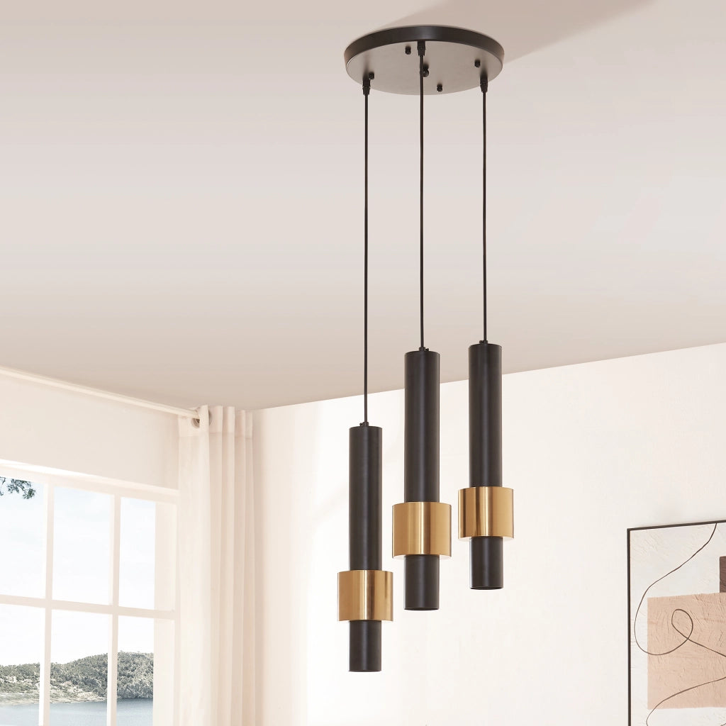 Lampada a Sospensione Lulled in Metallo con 3 Paralumi - Nero / Oro lux.pro