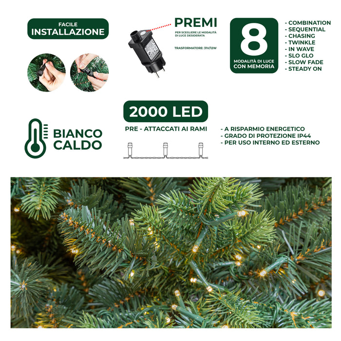 Albero di Natale Artificiale Verde Courmayeur H 180cm x L 120cm Super Folto con 2000 Luci Led Incorporate 2647 Tips e Base a Croce in Metallo
