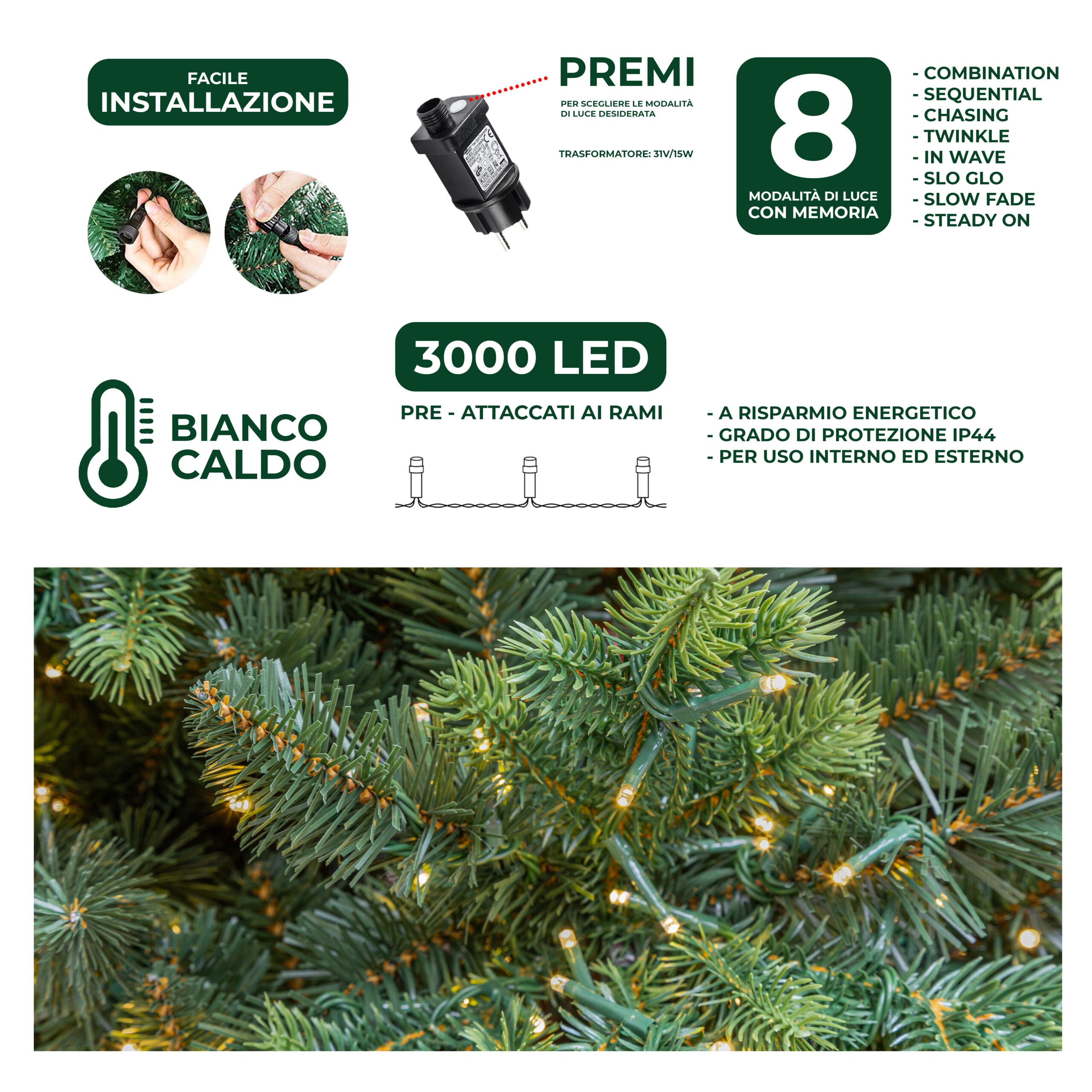 Albero di Natale Artificiale Verde Courmayeur H 210cm x L 135cm Super Folto con 3000 Luci Led Incorporate 3647 Tips e Base a Croce in Metallo