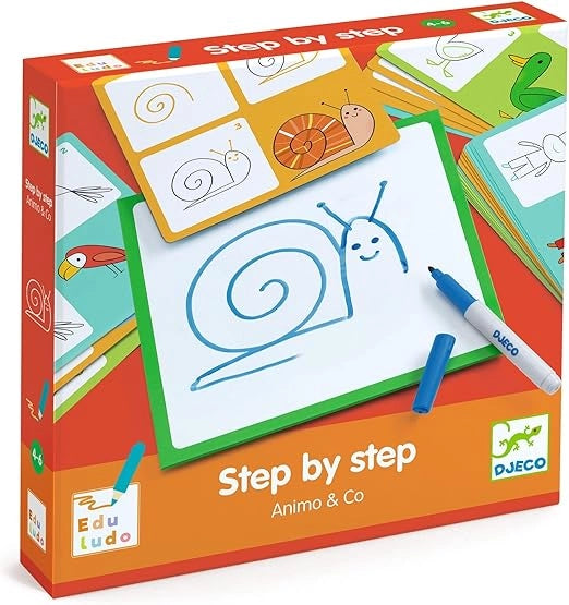 Kit per disegno Step by Step,Impara  disegnare seguendo  i modelli, Djeco,Eta 4-6anni