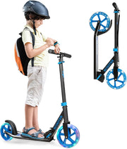 Monopattino Pieghevole per Bambini e Adulti Fino a 110kg, Manopattino a 2 Ruote Luminose con Freno, Scooter per Bambini con Manubrio Regolabile e Cinghia di Trasporto