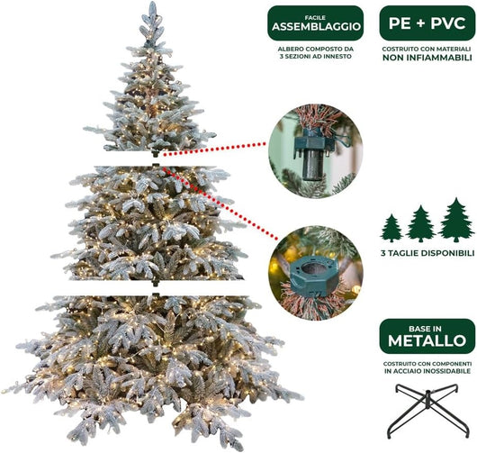 Albero di Natale Pino Verde Innevato H 180cm x L 130cm Super Folto Effetto Real-Touch con 2000 Luci Led Incorporate e Base Croce in Ferro Pieghevole